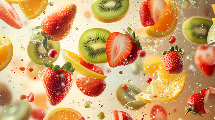 Colorful floating fruits in a splash of water create a refreshing summer atmosphere. Generative AI