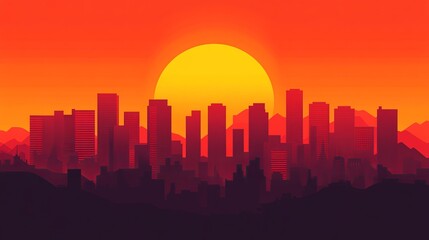 Fototapeta premium A vibrant sunset casts a warm glow over a silhouetted city skyline, creating a striking contrast against a red and orange sky.