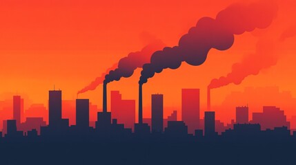 Naklejka premium A city skyline at sunset, silhouetted against a vibrant orange sky, with smoke rising from industrial chimneys, highlighting urban pollution.
