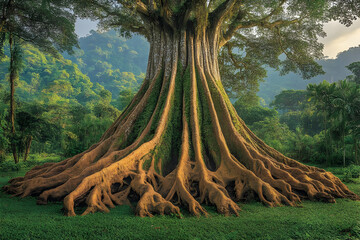 Majestic ancient tree with expansive roots in lush green forest