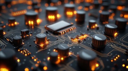 Intricate circuitry with glowing pathways and components showcasing advanced technology and engineering precision, highlighting a technological frontier