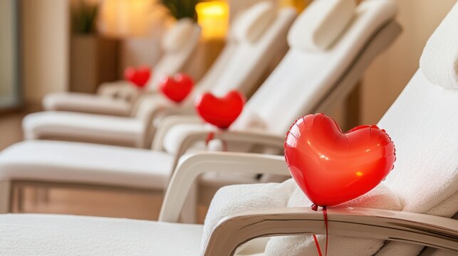 Valentine's Day offer at the wellness and spa salon, red heart-shaped balloon on the relaxing chairs in the pleasure zone