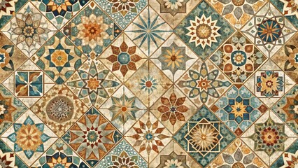 Distressed Moroccan tile seamless pattern with intricate geometric shapes and muted earthy tones, Geometric patterns, Mosaic patterns