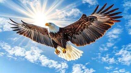 Obraz premium Majestic Bald Eagle in Flight Soaring Above the Clouds