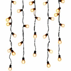 Multiple strings of glowing light bulbs hanging against a white backdrop, creating a warm and inviting atmosphere