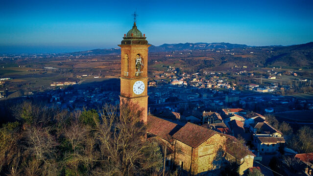 Aerial view of a clock tower, Monleale alto, Val Curone, Alessandria, Piedmont, Italy