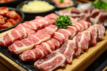 Fototapeta premium Korean cuisine beef dishes gomtang beef stew boiled pork oxtail steamed foods soups side items salted squid radish kimchi
