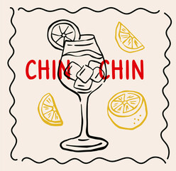 Poster with outline spritz alcohol drink with lemon in ink doodle style. Bar template with hand drawn cocktails