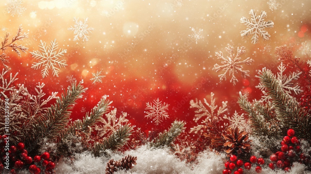 Wall mural festive winter background with sparkling snowflakes pine branches berries and soft bokeh lights crea