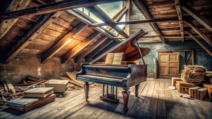 Old wooden piano sitting on a dusty, cloudy attic floor with old trunks and forgotten memories scattered around it , abandonment, cloud background