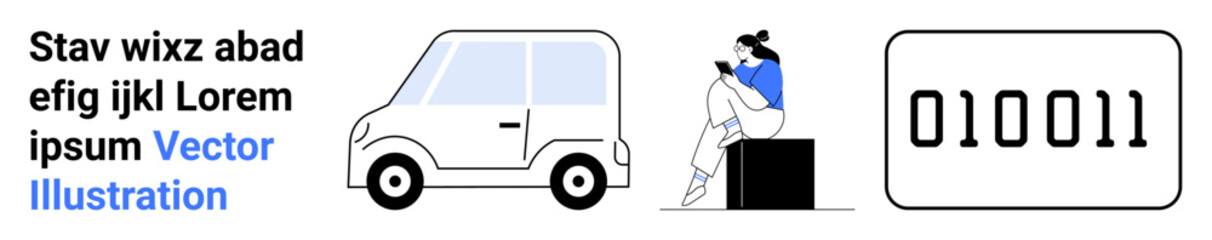 Woman sits on a cube engrossed in a smartphone, next to a compact car and binary code text 010011. Ideal for technology, transportation, digital communication, coding, minimalism, modern lifestyle