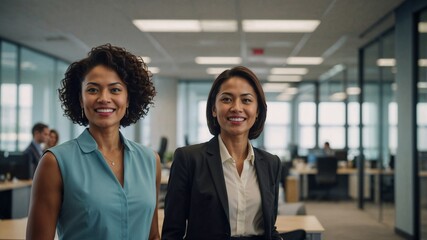 Fototapeta premium Two confident businesswomen smiling in a professional corporate office environment together