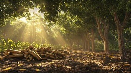 Lush banana grove, sunlight streams through trees, pile of bananas on the ground.
