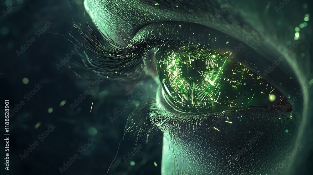 Aufkleber close-up of a glowing green eye with digital particles.