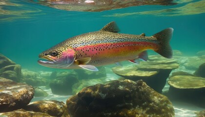 Naklejka premium Beautiful rainbow trout gliding gracefully through a pristine stream. The vibrant pink stripe and speckled body highlight this iconic freshwater fish