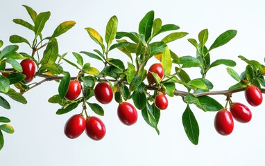 Obraz premium A vibrant tamarillo tree with oval red fruits and soft green foliage on a white background