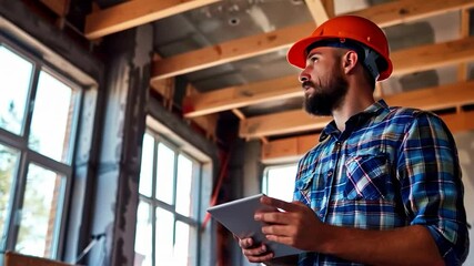 Builder in helmet and working clothes with tablet on construction site. Ideal for advertising construction companies, architectural projects and articles about technologies in construction.
