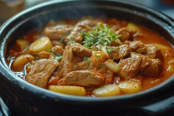 Korean cuisine including budae jjigae galbitang bulgogi grilled pork belly and various side dishes like kimchi cucumbers potatoes and vegetables