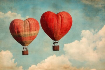 Fototapeta premium Two heart shaped hot air balloons flying in cloudy sky