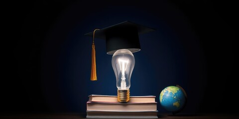 A graduation cap sits atop a lightbulb, with books and a globe at its base, surrounded by a halo of soft blue light, as the lightbulb shines brightly in the darkness, innovation, progress