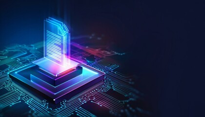 Digital Transformation: A glowing blue and pink document icon emerges from a glowing CPU chip, symbolising the power of digital transformation and the rapid advancement of technology.  