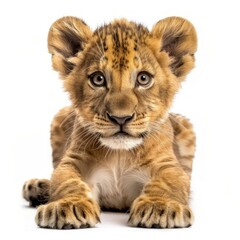 Obraz premium Adorable lion cub lying down, isolated on white background