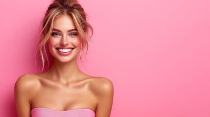 Obraz premium Portrait of a smiling young woman with healthy skin against a pink background