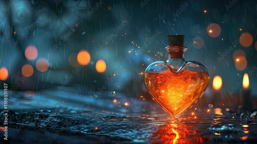 Canvas Prints A heart-shaped potion bottle with a glowing orange liquid