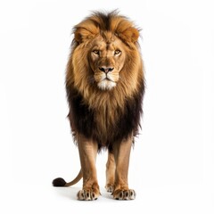 Powerful male lion with a lush mane standing against a white backdrop