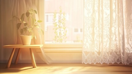 Tranquil Sunlight Streaming Through Lace Curtains, Illuminating a Cozy Home Interior with a Potted Plant and Rustic Wooden Table. A Relaxing and Peaceful Home Decor Inspiration.
