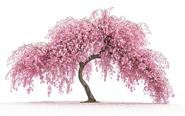A weeping cherry tree with cascading pink blossoms isolated on a bright white backdrop