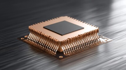Close-up View of a Modern Computer Chip on a Metallic Surface