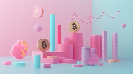 3D visualization of a fintech startup, where professionals analyze cryptocurrency trends, blockchain technology, and financial market changes using interactive 3D graphs and digital currency data