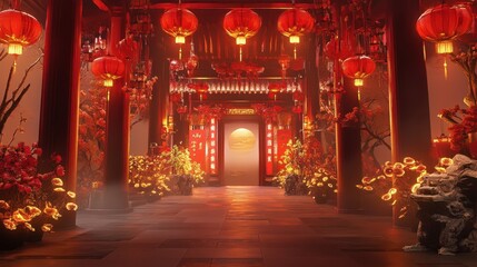Obraz premium Red Lanterns Illuminate Festive Chinese Gateway