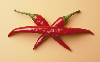 Two red chili peppers crossing each other in an X-shape on a pastel orange backdrop