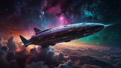 Obraz premium In a dazzling whirl of ethereal stardust and shimmering cosmic hues, a sleek, futuristic starship gleams amidst the swirling nebula clouds. This enchanting photograph captures the essence of chic ench