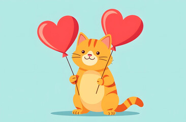 Funny drawn ginger kitten holds heart-shaped balloons in his paws. Blue background.
