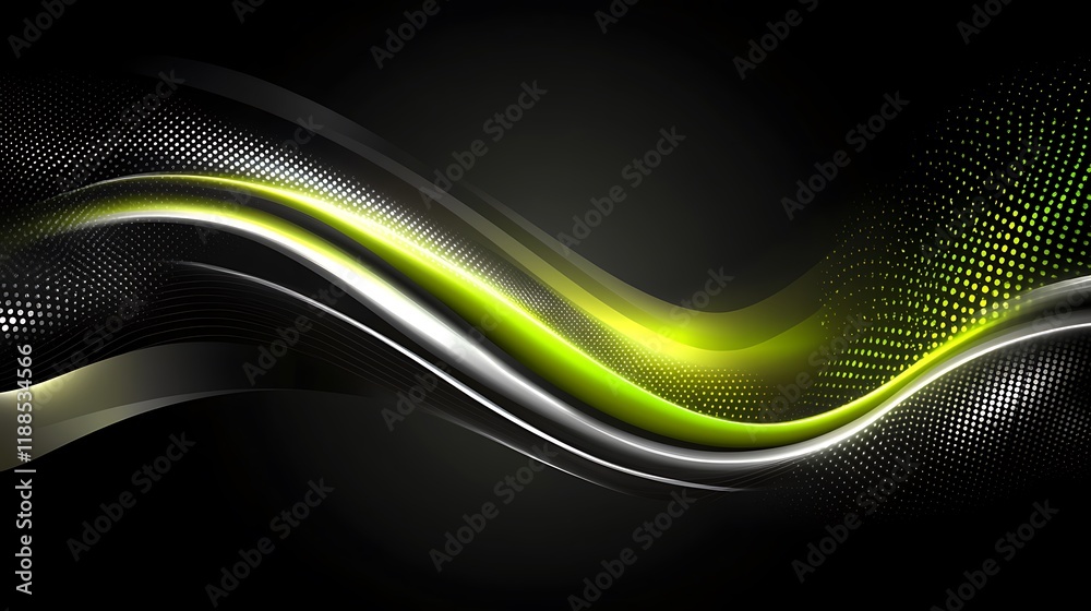 Poster abstract dark background with neon green waves
