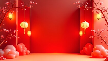 Elegant Lunar New Year Background with Lanterns and Cherry Blossoms in a Red Setting