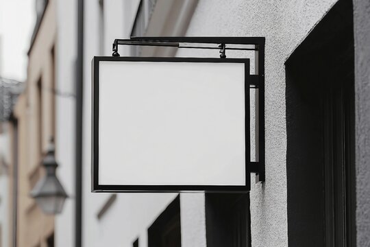 Blank store signage sign design mockup isolated, Clear shop template. Street hanging mounted on the wall. Signboard for logo presentation. Metal cafe restaurant bar plastic badge black white.