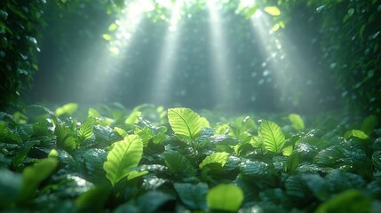 Lush Green Forest Undergrowth with Sunlight Rays