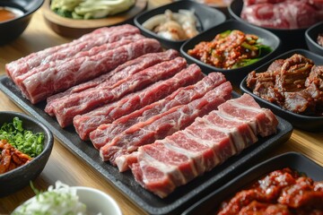 Korean cuisine spicy pork ribs stir fried budae beef dishes fried spam and rice pork cutlet