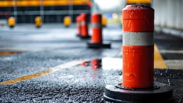 Road cones and wet road markings. Ideal for materials about construction, road repair and transport safety.

