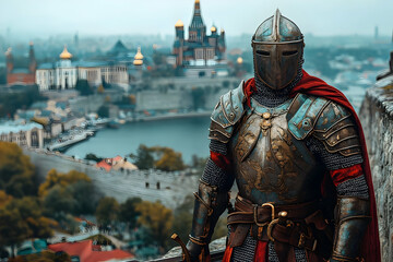 Medieval Knight in Full Armor Standing Guard on a City Overlook