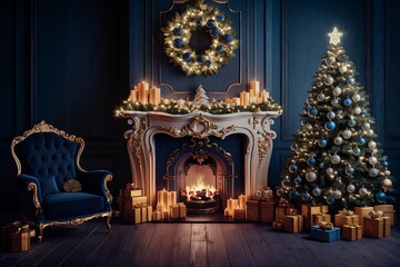 Christmas living room, cozy fireplace, decorated Christmas tree, twinkling lights, wreath above mantel, blue velvet armchair, candlelit mantelpiece, warm glow, festive atmosphere, teddy bear, dark woo