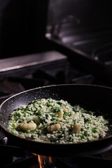 Shrimp and Herb Risotto on the Stove


