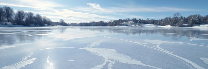 A frozen lake or pond on a sunny winter day with smooth ice surface reflecting the surrounding trees and blue sky, natural scenery, icy surface, serene landscape