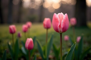 Fototapeta premium Close-up of a beautiful pink tulip flower on a flower field, tulips are blurred in the background, spring, horizontal shot