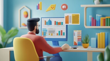 Fototapeta premium 3D render of a marketing strategist using a digital platform to assess the ROI of an advertising campaign, with floating 3D charts showing impressions, clicks, conversions, and cost per acquisition
