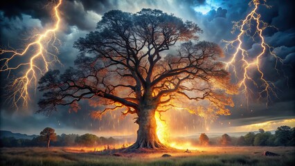 Fototapeta premium A majestic oak tree standing tall after being struck by lightning, its bark charred and blackened, with sparks still flying off its trunk, forest landscape, tree damage